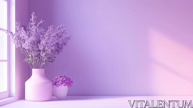 Lavender bouquet rests in soft pink minimalist sunlight.