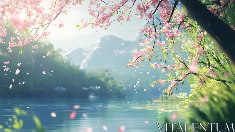 Cherry tree branches over mountain lake with blossoms falling.