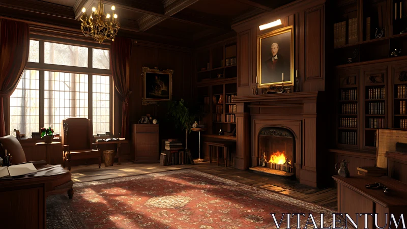 Warmly lit wood-paneled study with fireplace and classical library shelving