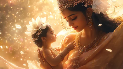 Lotus-lit mother and child trade quiet blessings in gold light