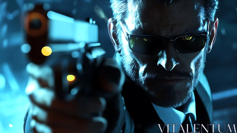 Intense gunman in dark suit aiming pistol at viewer.