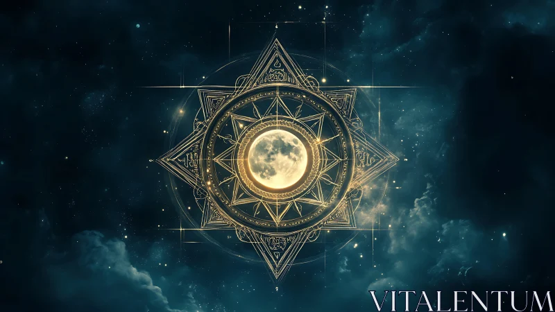 Lunar orb encased in ornate geometric astrolabe against nebular void