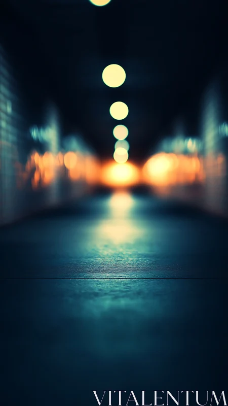 Defocused tunnel lights form a vanishing axis of neon bokeh