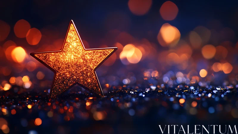 Glittering orange star amid bokeh lights on dark ground.