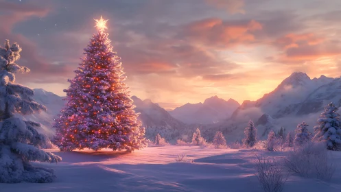 Glowing Christmas tree warms a tranquil snowy mountain sunset