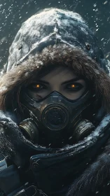 Snowbound wanderer with glowing eyes in a frozen storm.