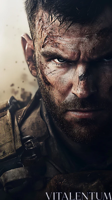 Battle-hardened soldier stares ahead with relentless focus.