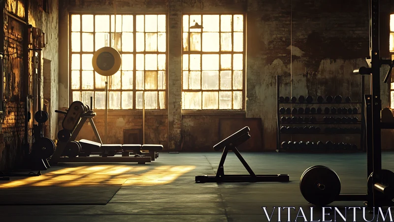 Sunlit iron sanctuary in a weathered warehouse gym hush.