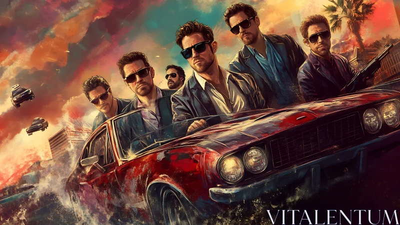 Neo-noir heist crew framed in dynamic coastal car pursuit