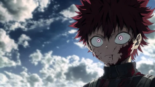 Intense red haired anime fighter stands beneath stormy sky