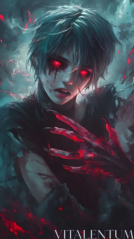 Bloodlit demon youth with glowing claws in toxic mist.