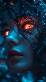 Cybernetic forest nymph portrait with bioluminescent eyes