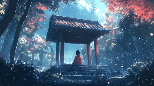 Quiet red-cloaked dreamer beneath a forest shrine hush.
