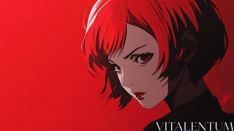 Red-haired anime woman stares intensely against flat red background