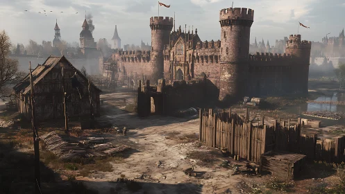 Morning hush over a weathered medieval riverside fortress.