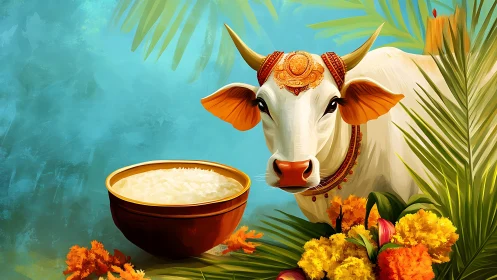 Sacred adorned cow stands by offering bowl in lush color