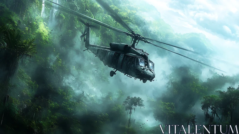 Helicopter skimming misty jungle canopy in bold green hush.