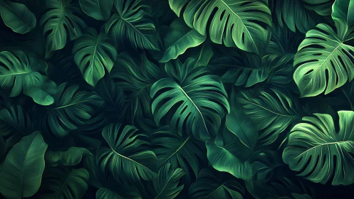 Dense overlapping monstera foliage in deep green tones.