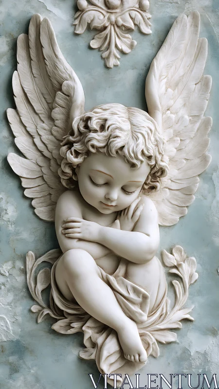 Gentle cherub sculpture rests in quiet, tender serenity