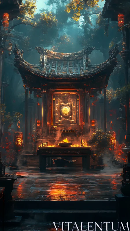 Lantern-lit forest shrine glowing in misty twilight.