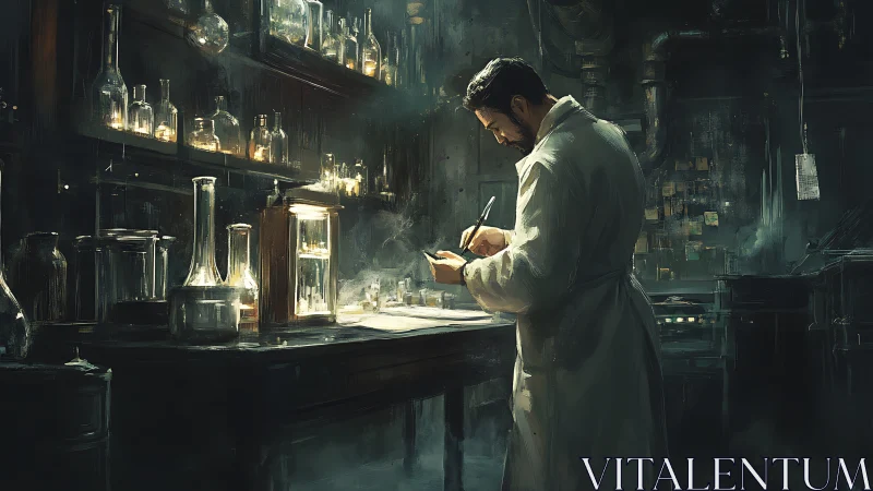 Nocturnal chemist in dim industrial laboratory interior.