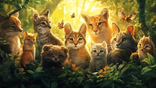 Enchanted Forest: Feline Gathering Illuminated by Golden Sunlight.