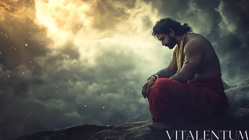 Meditative warrior rests beneath a storm-lit divine sky