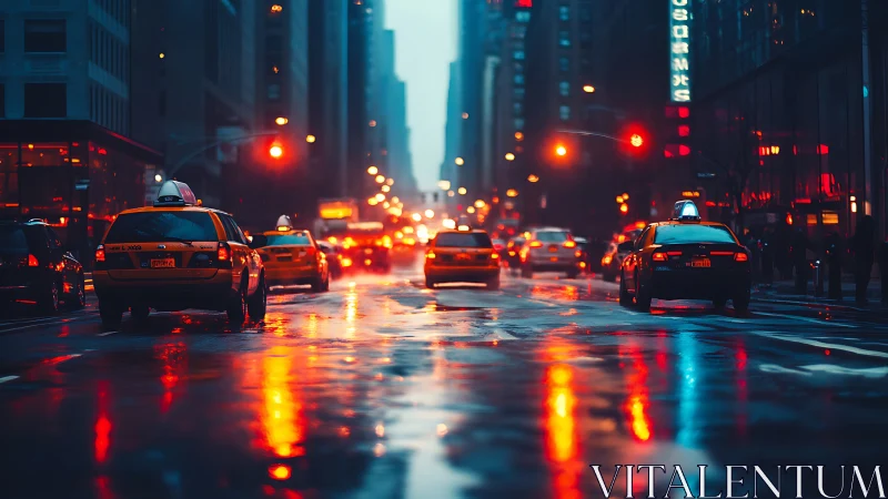 Rain-soaked city taxis glow against neon-drenched twilight streets