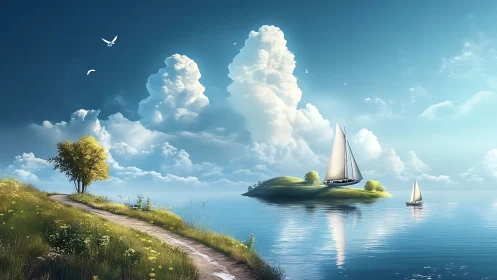 Sailboats on Tranquil Waters with Scenic Coastal Landscape