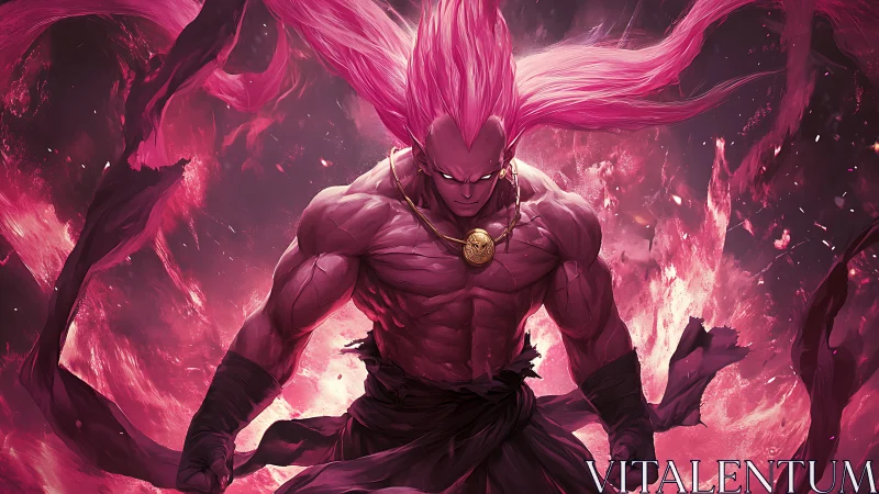 Muscular pink-haired warrior channels explosive arcane energy