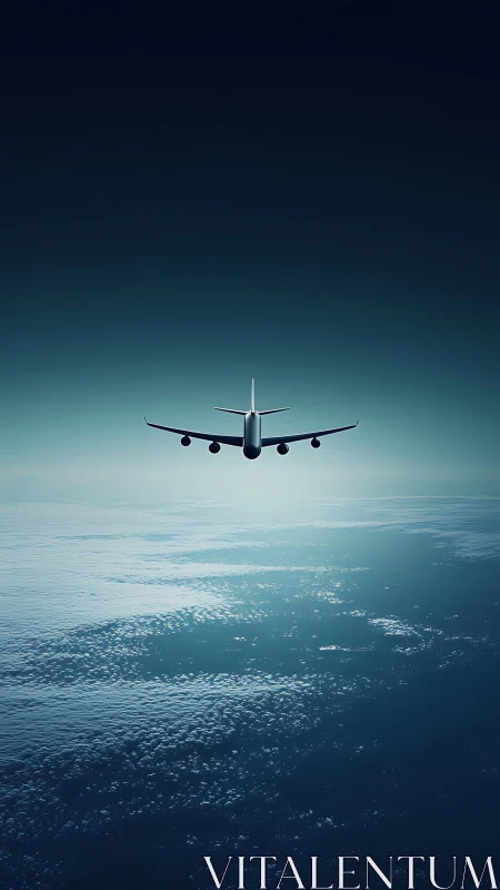 Rear view passenger jet cruising above calm open ocean.