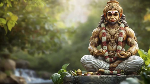 Hanuman sculpture in meditative lotus pose, forest backdrop.