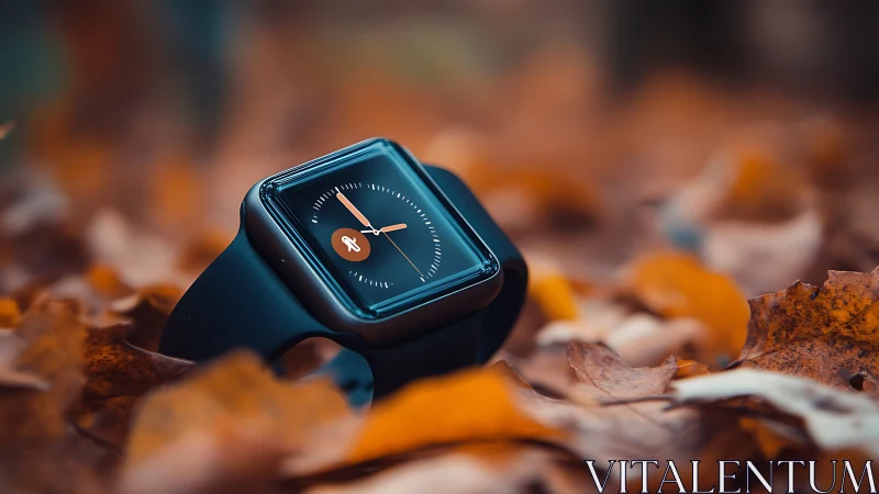 Smartwatch with dark band resting in soft autumn leaves.