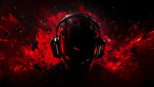 Headphoned figure in red and black digital abstraction.