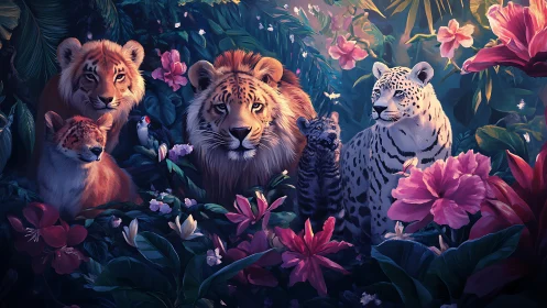 Big Cats Gather Among Vibrant Florals in Enchanted Jungle