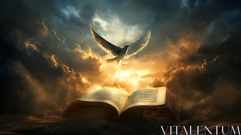 Radiant white dove rising above illuminated open holy book