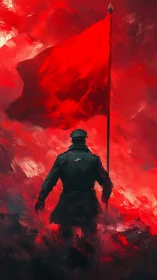 Digital painting of lone officer with monumental red flag standard.