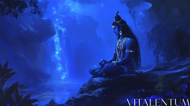 Blue meditative deity beside luminous night waterfall.
