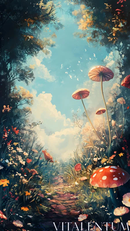 Forest path with oversized mushrooms under clear sky.