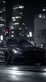 Sleek black Mercedes glides through a glossy city night street