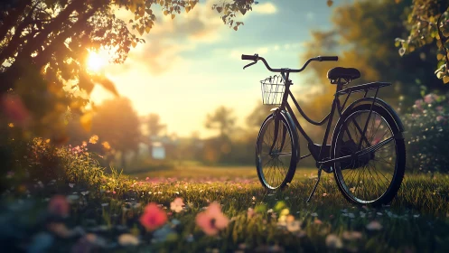 Bicycle in grassy field beneath golden hour sunlight.