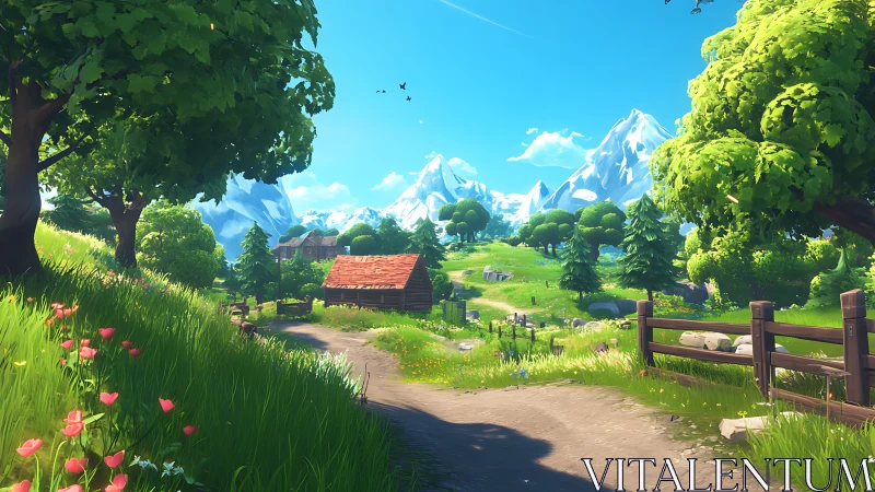 Sunlit mountain valley path with rustic farm cottages.