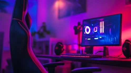 Cozy neon gaming desk glowing with inviting RGB color.