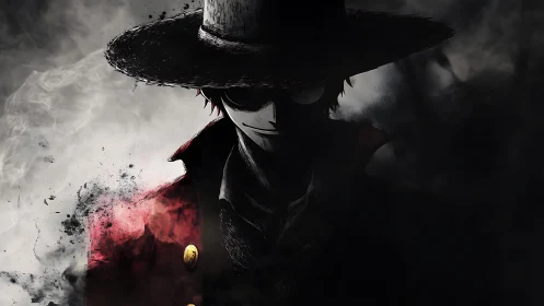 Shadowed straw hat figure emerges through dissolving red coat