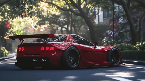 Crimson street racer glides through sun-dappled city calm.
