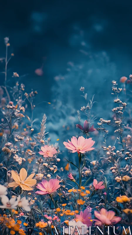Dreamy Wildflower Field Under Moody Blue Sky