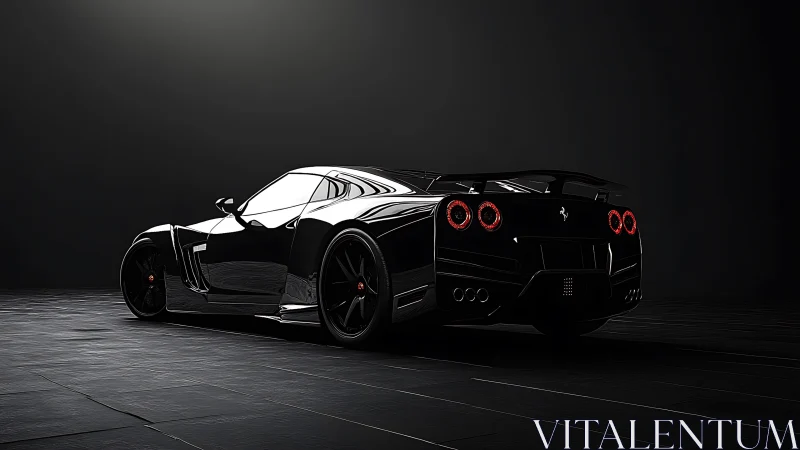 Low-key render isolates a black supercar with rear three-quarter view
