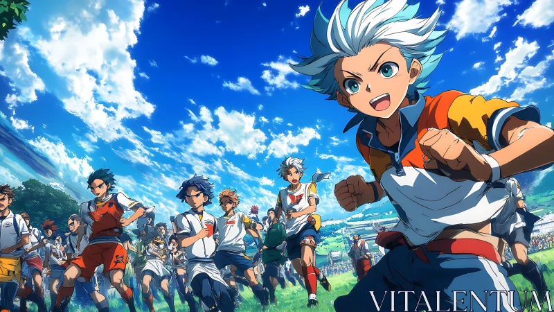 Dynamic anime sports crowd under expansive summer sky.