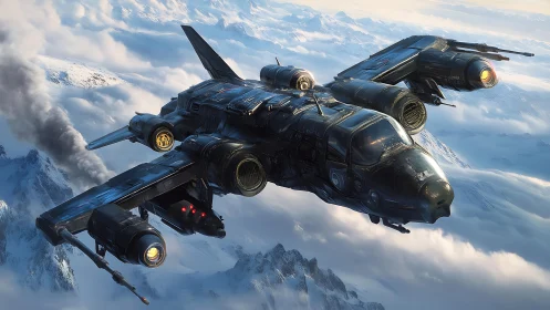 Sleek sci fi dropship soaring above bright snowy mountains.