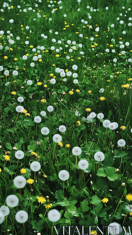 Dandelion meadow with bloomed white seedheads and yellow flowers.